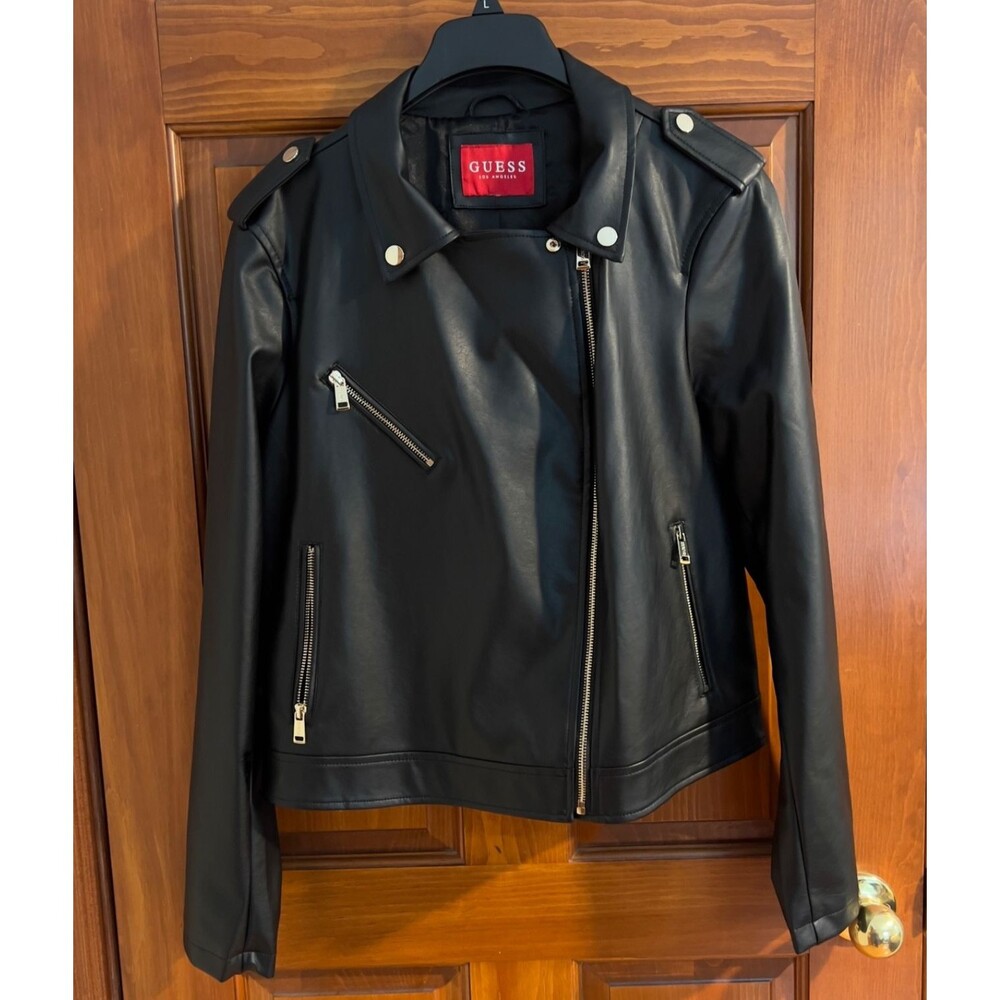 Guess Faux Leather Moto Jacket Black NWOT Satin Lining Size Large  Biker Vibes